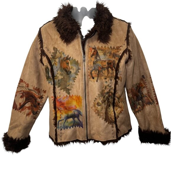 The Trail Of Painted Ponies Womens L Western Faux Suede Fur Lined Jacket Horses - Picture 1 of 11